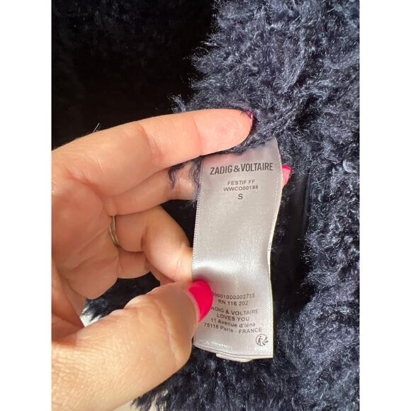 NEW Zadig & Voltaire Festif Faux Shearling Button Maxi Coat Navy Blue Size: S - Picture 5 of 7